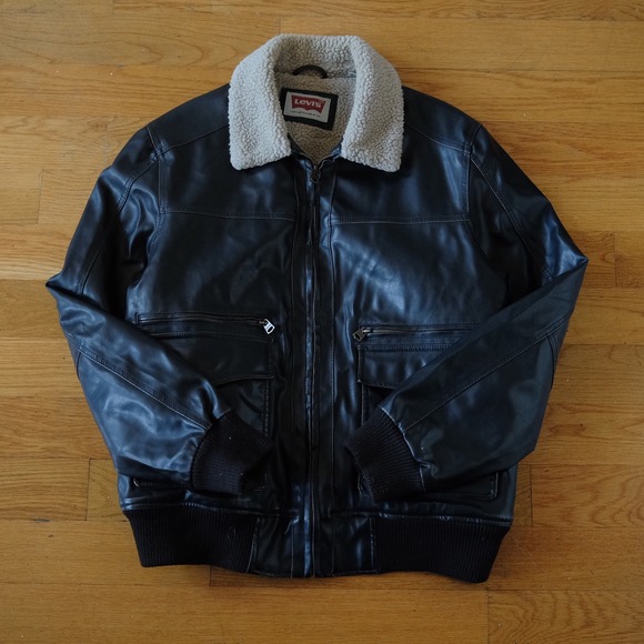 Levi's Mens Faux Leather Bomber Jacket Sherpa Collar Dark Brown Size XL Retro - Picture 3 of 8